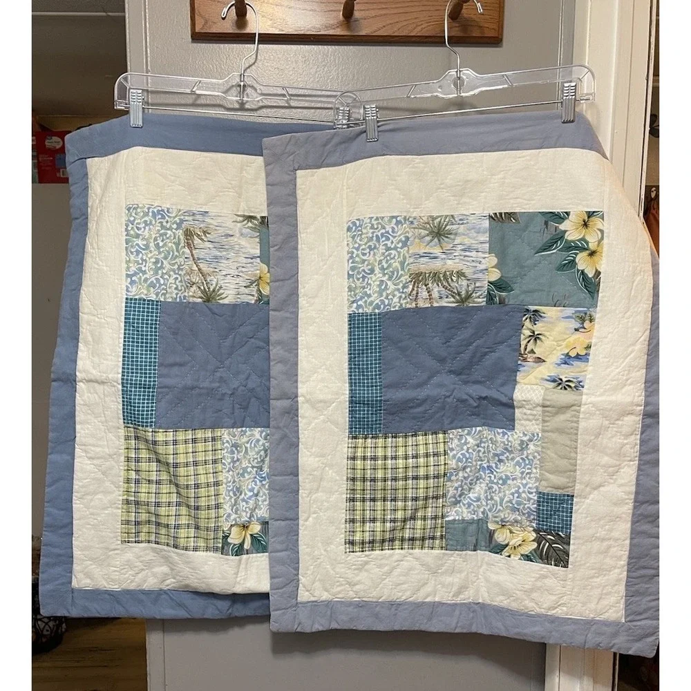 Vintage Handmade Quilted Pillow Shams Zipper Back Tropical Beachy Blue 30 X 24
